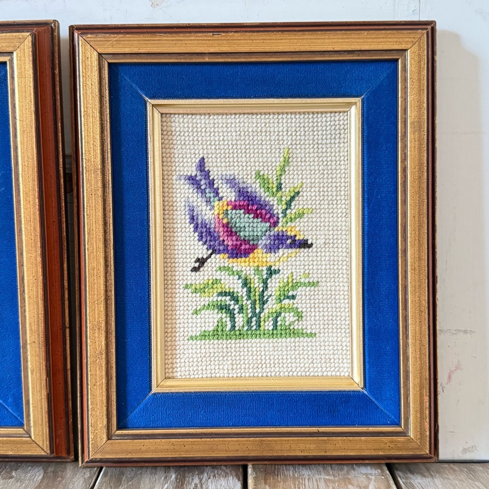 Vintage Bird & Grapes Needlepoint Framed Artwork, Set of 3, Wood Frames - Picture 5 of 7